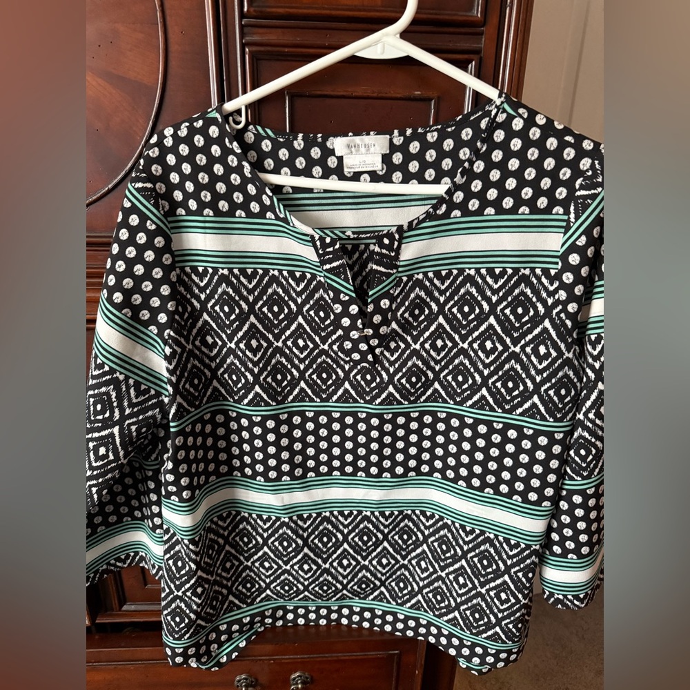 Van Heusen Geometric Black,Green and White Blouse Size L